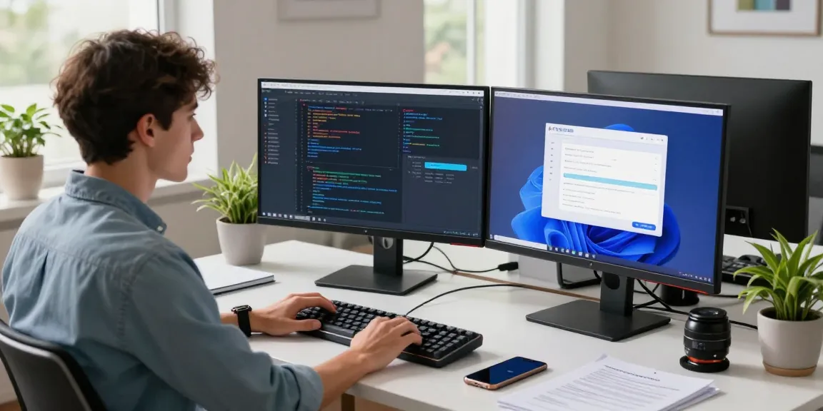Developer using 纸飞机中文版 in a modern tech workspace with dual monitors and creative decor.
