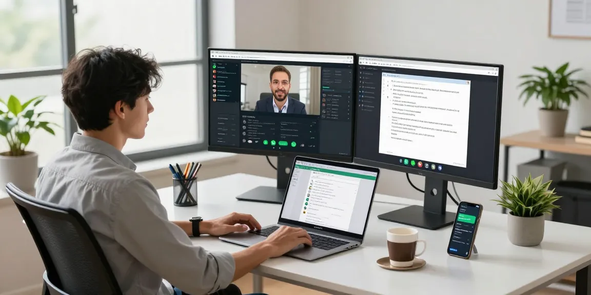 Professional communicating on WhatsApp網頁版 in a modern workspace with a sleek setup.
