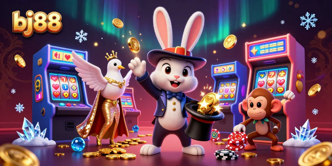 Experience thrilling gaming at bj88 with a cartoon magician, assistant dove, and monkey amid vibrant casino elements.