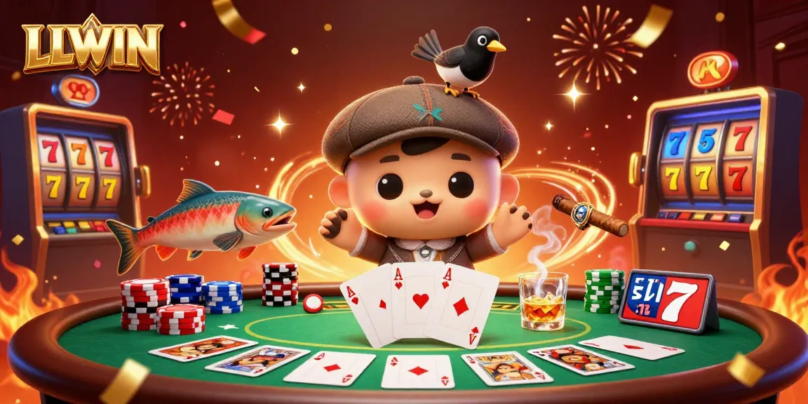 Experience the thrill of LLWIN casino featuring Nessie and friends at a vibrant poker table.