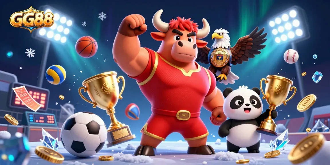 Experience the excitement at GG88 with a dynamic scene featuring a bull mascot, eagle, and panda celebrating with vibrant gaming elements.