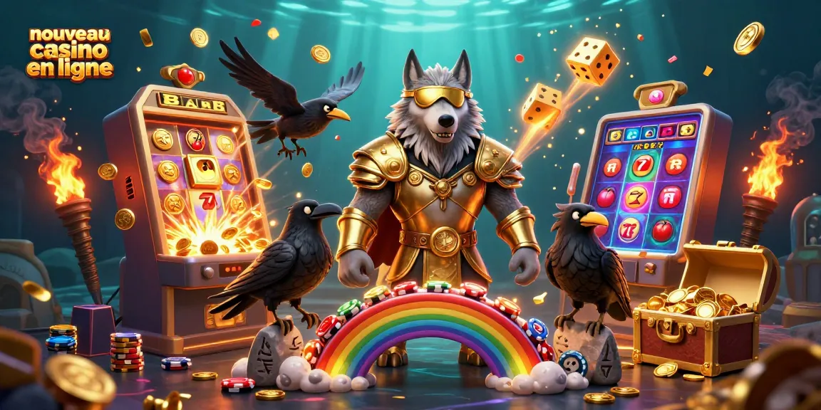 Vivez l'expérience des nouveaux casinos en ligne avec un visuel captivant de machines à sous et de personnages mythologiques.