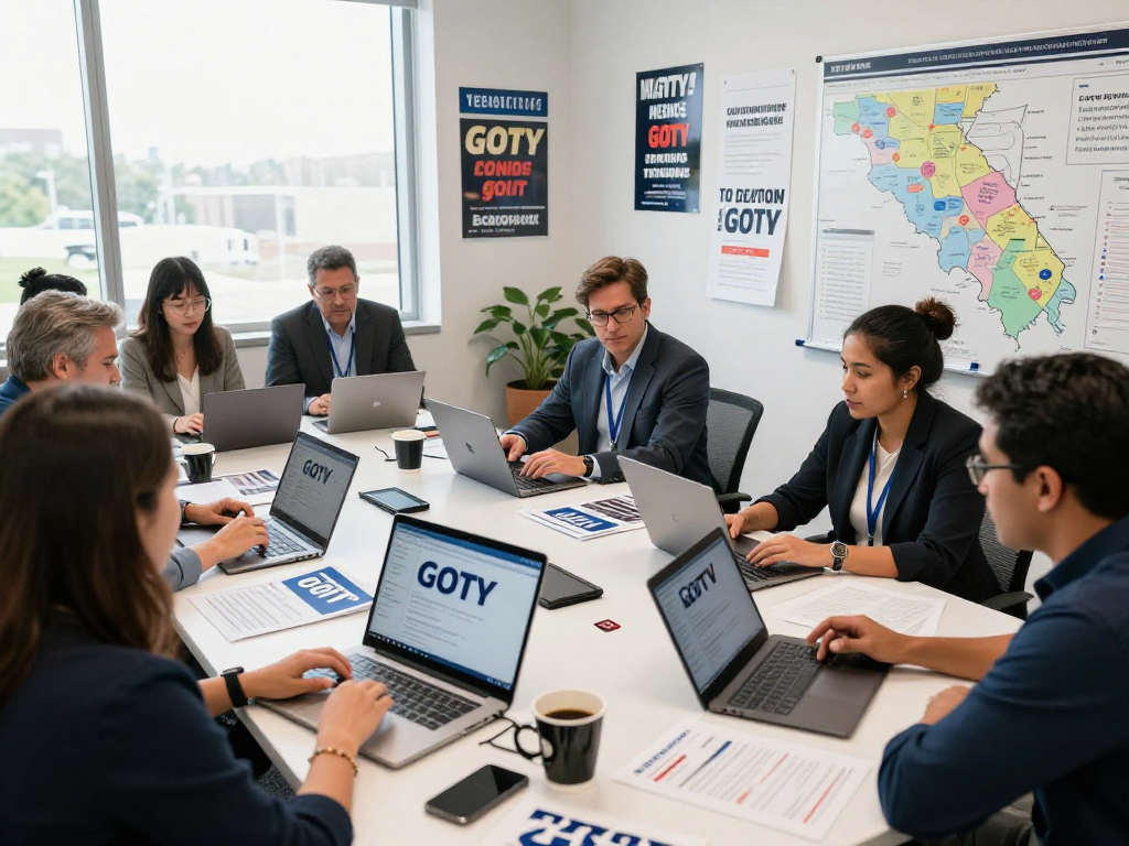 GOTV text messaging strategy session with campaign team analyzing voter data in modern office