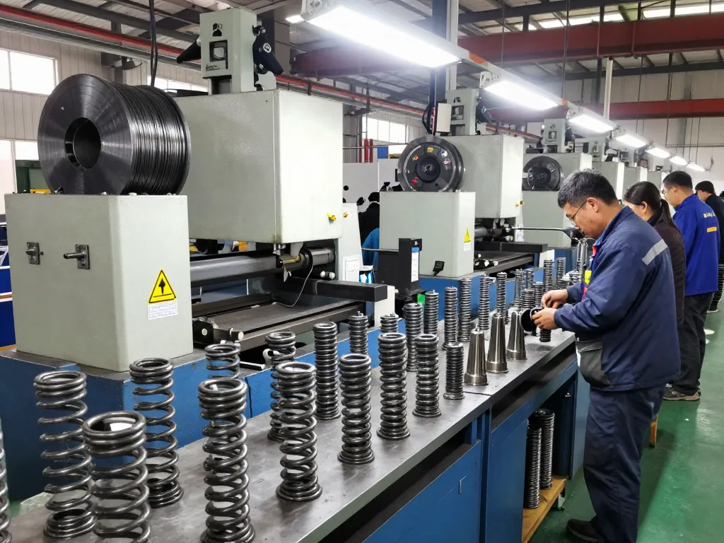 Fabrica de arcuri care prezintă lucrători calificați în fabricarea diferitelor arcuri într-un mediu modern de fabricare.