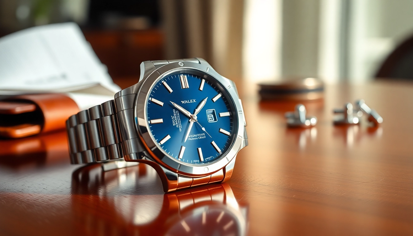 Gleaming replica watch on a wooden surface showcasing elegance and luxury.