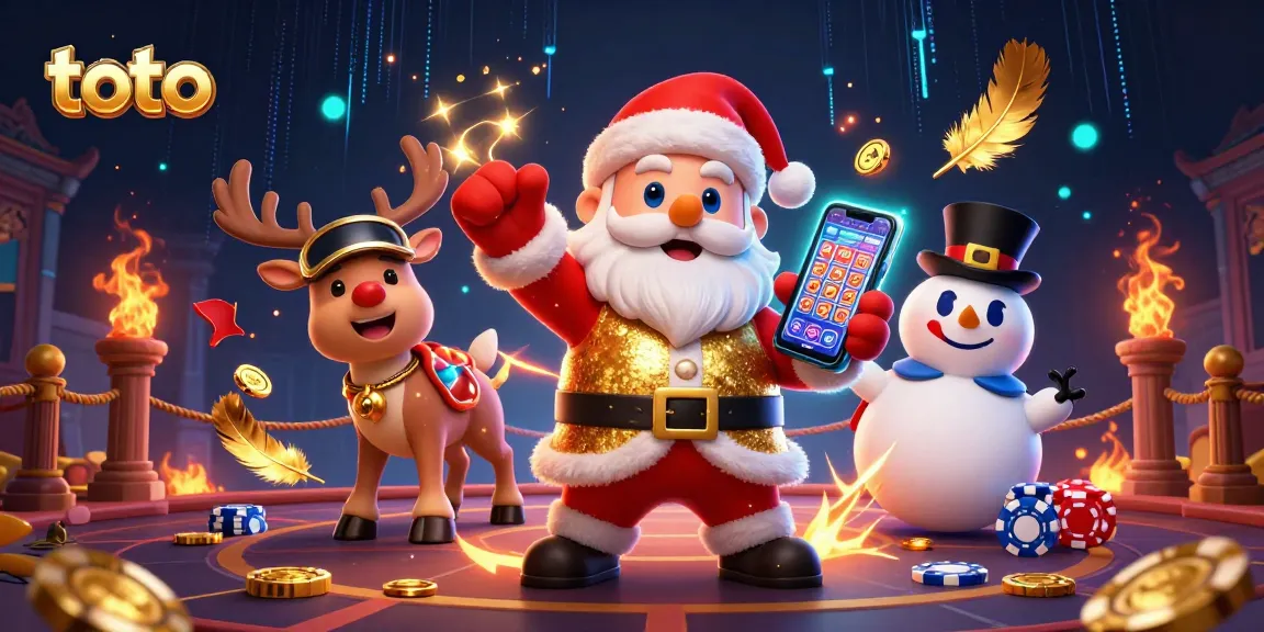 Engage in thrilling toto gaming action with Santa and casino friends amidst vibrant slots.