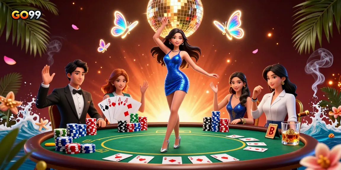 Experience the vibrant world of GO99 as a glamorous woman dances among colorful poker elements and neon butterflies.