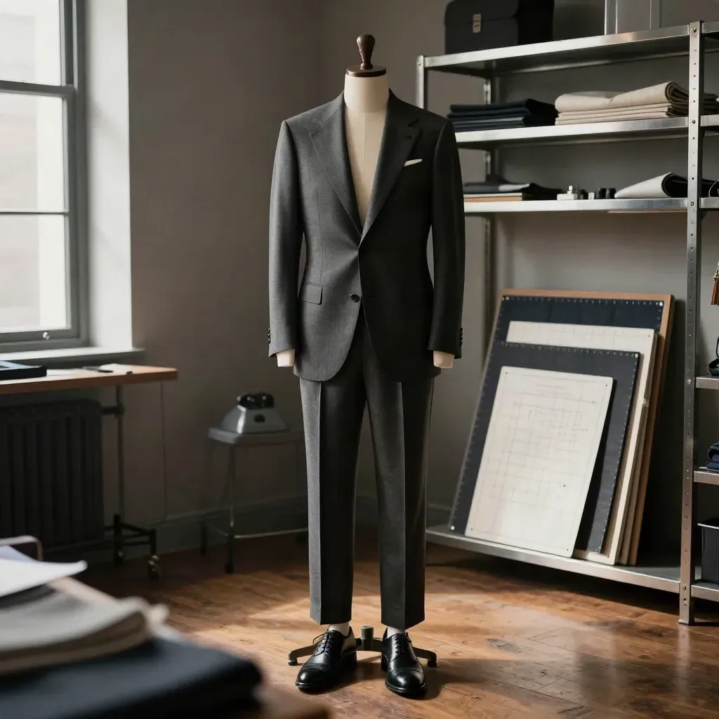 Charcoal bespoke suit on a dress form in a tailoring workroom with brogues and pattern boards.