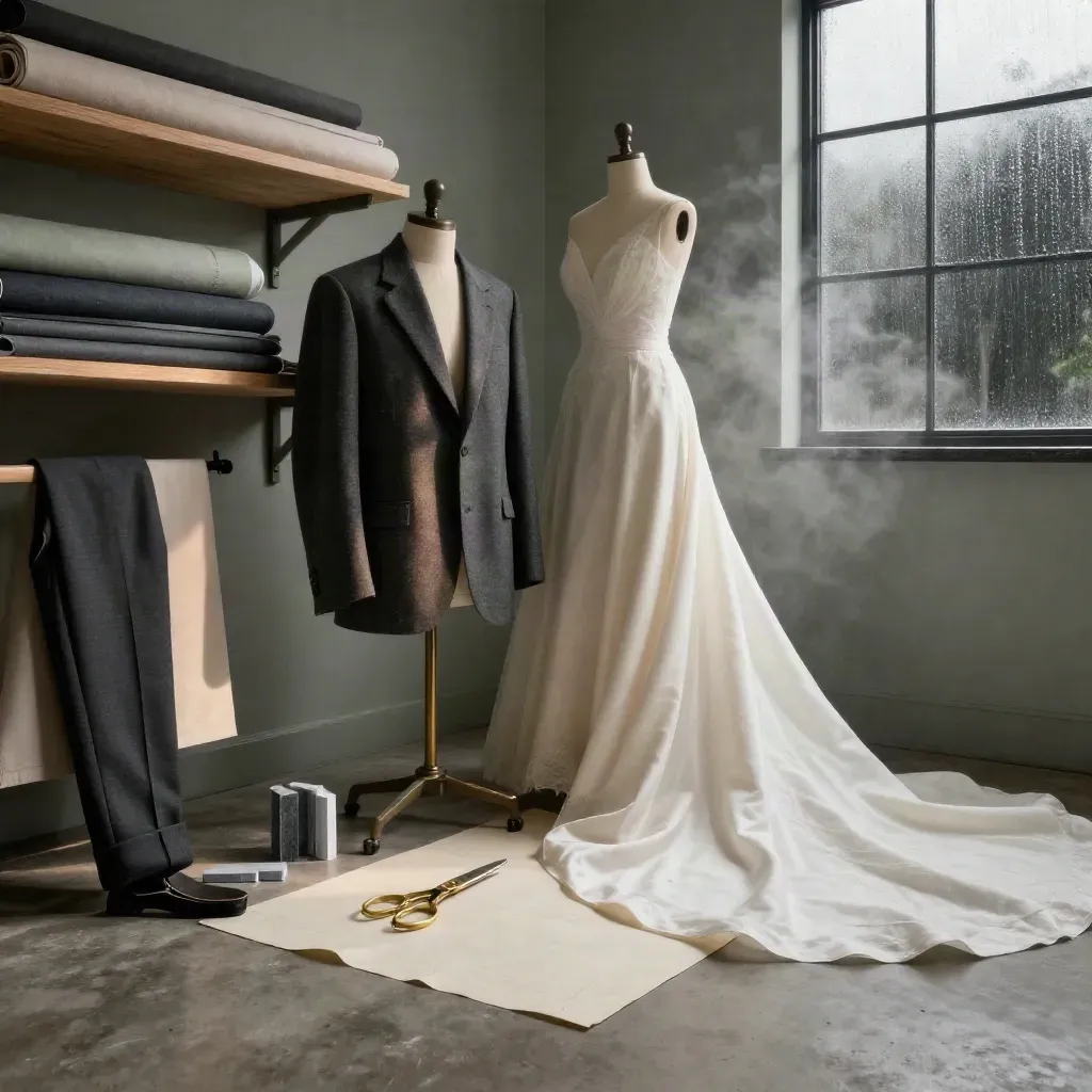 Atelier corner with tailored jacket, bridal gown and tailoring tools in dramatic rain-lit haze.