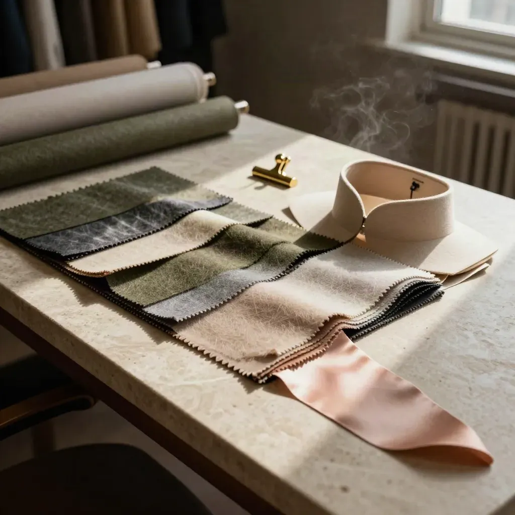 Fabric swatches fanned on a stone atelier table with a collar sample and brass clip.