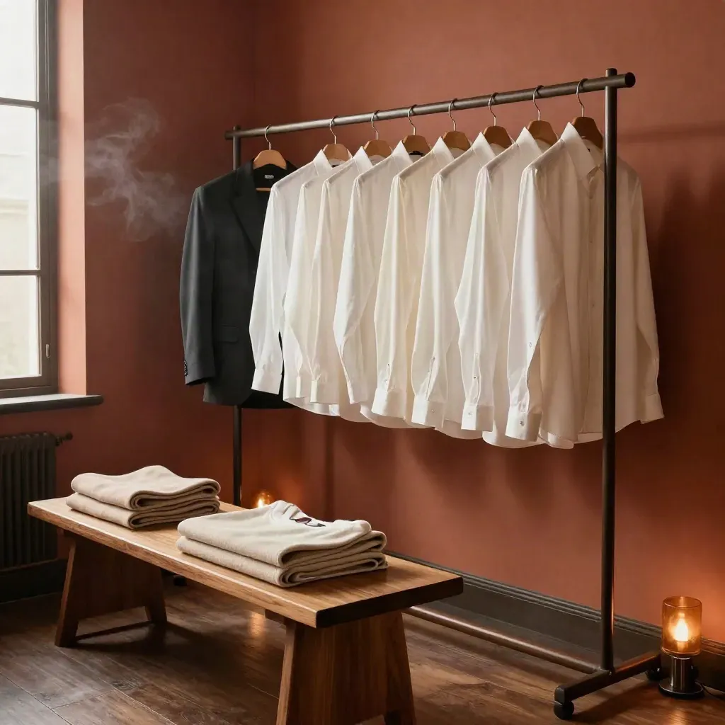 Altered shirts, a charcoal blazer and folded knits on a rail in a warm atelier corner.