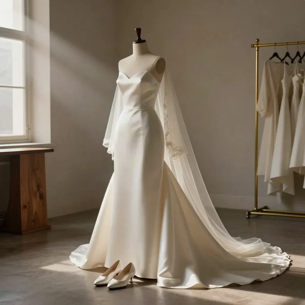 Ivory wedding gown on a dress form with veil and satin shoes in a moody atelier.