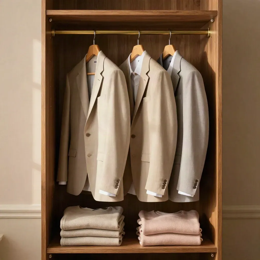 Tailored jackets, trousers, shirts, and folded knits arranged in an open wardrobe
