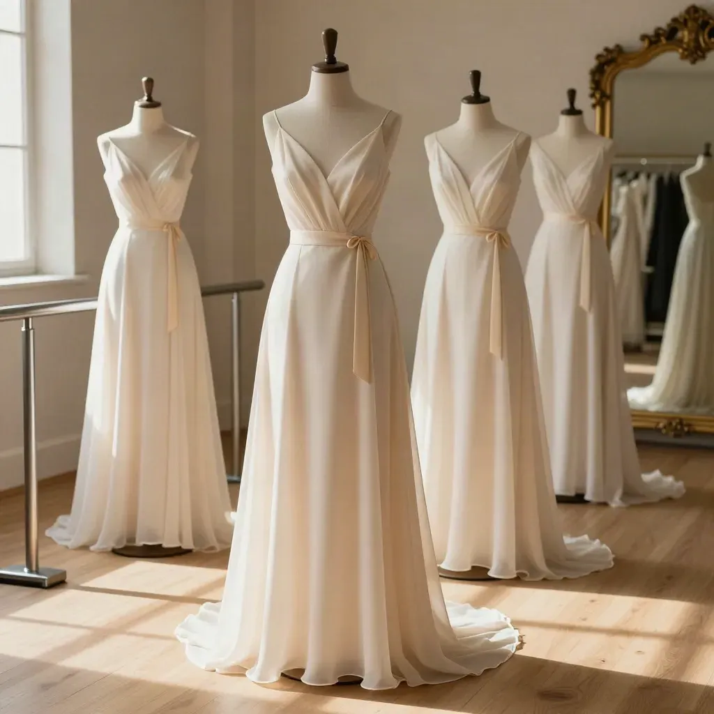 Four champagne bridesmaid dresses on forms in a sunlit atelier, hems aligned in one calm line.