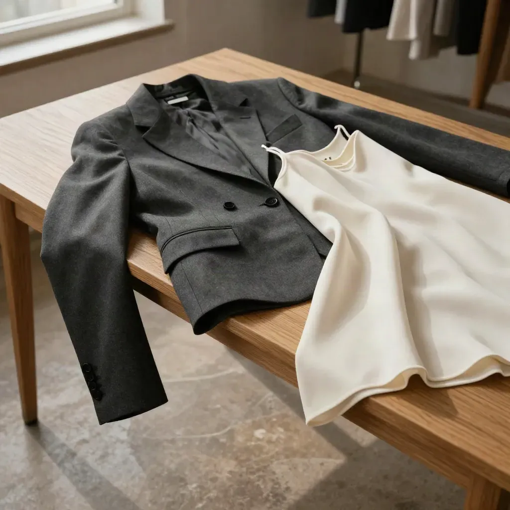 Ivory spring capsule on a bench, fabrics settling in soft daylight.