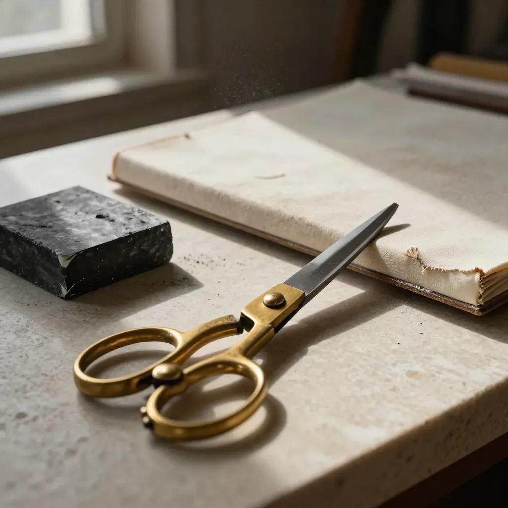 Brass tailoring shears, chalk block, and sleeve board corner on travertine in dramatic light.