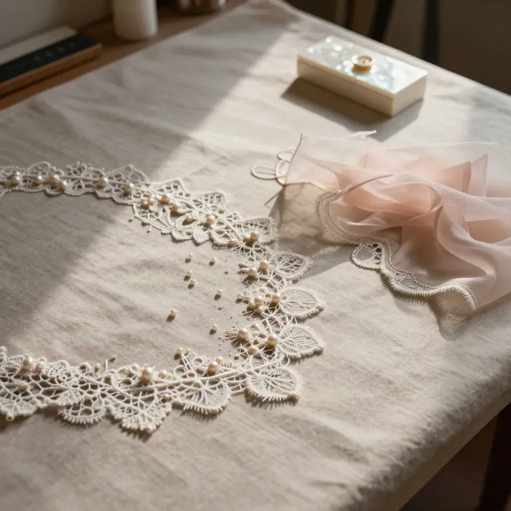 Ivory lace, pearl pins, blush organza and a bridal button box on a tailor’s worktable.