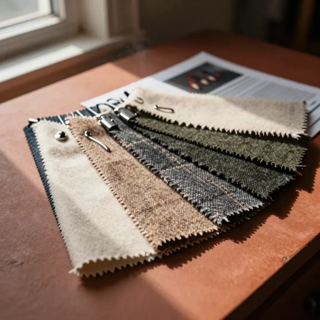 Menswear swatches, collar stays, and a lapel pin on a terracotta tasting board.