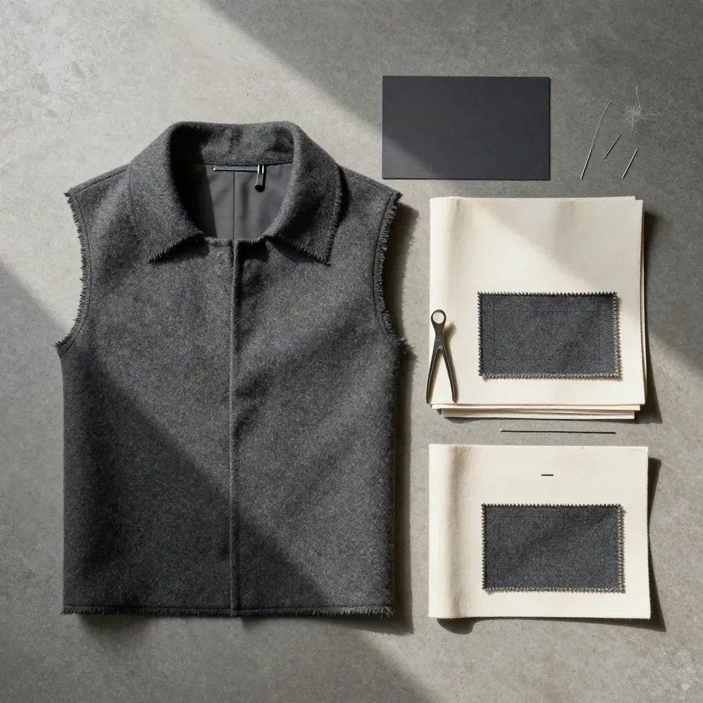 Overhead flatlay of jacket fronts, seam samples, thread snips and canvases on concrete.