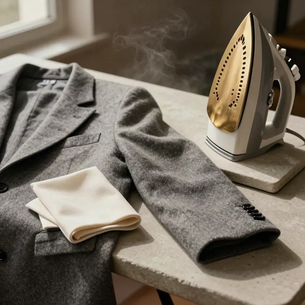 Wool jacket sleeve on a sleeve board with press cloth and upright iron in soft steam