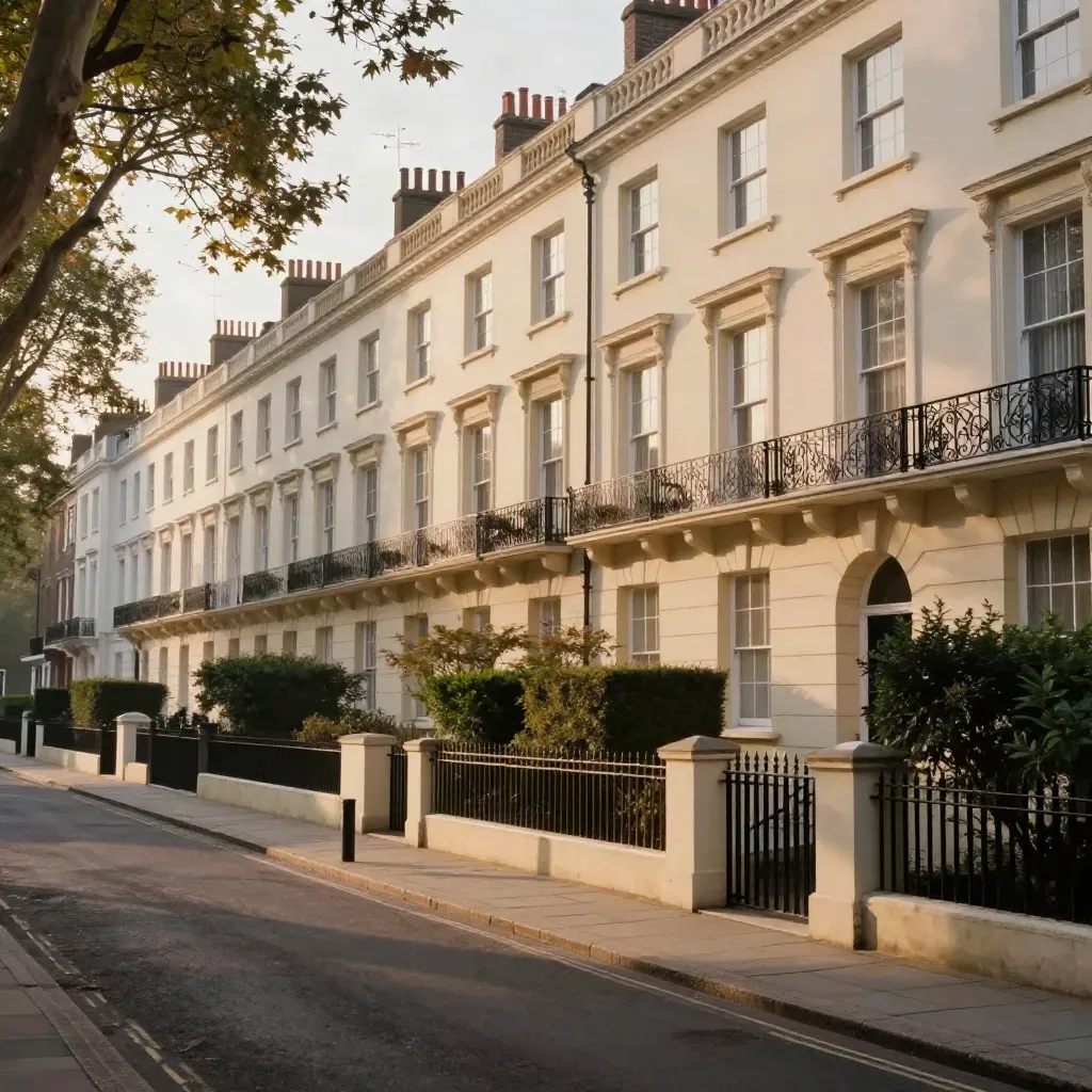 Golden-hour Chelsea stucco terraces and plane trees above a quiet West London street.