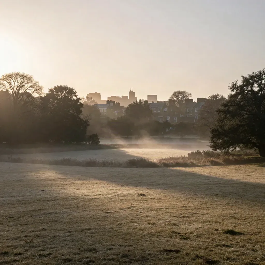 Hampstead Heath at dawn with mist, treeline, roofline, and open meadow space