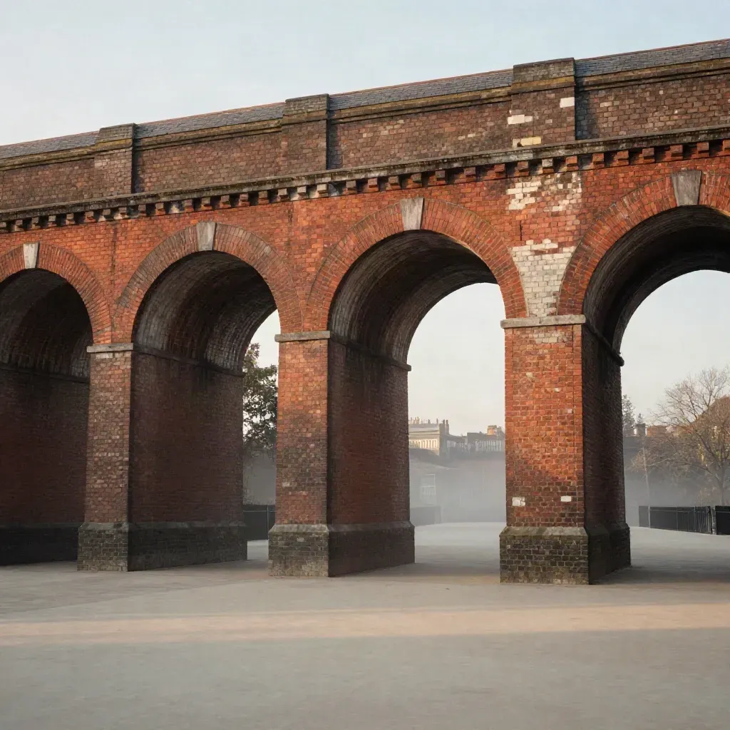 Sunlit South London viaducts above a calm misty forecourt