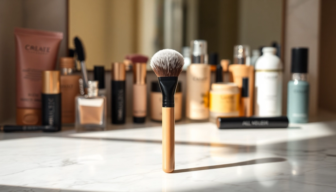 Applying makeup with an angled concealer brush for flawless coverage.