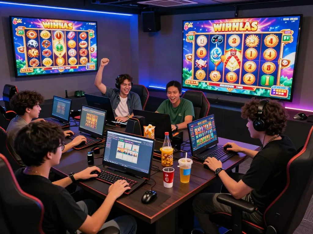 Players enjoying the excitement of slot gacor maxwin in a vibrant gaming lounge filled with modern technology.