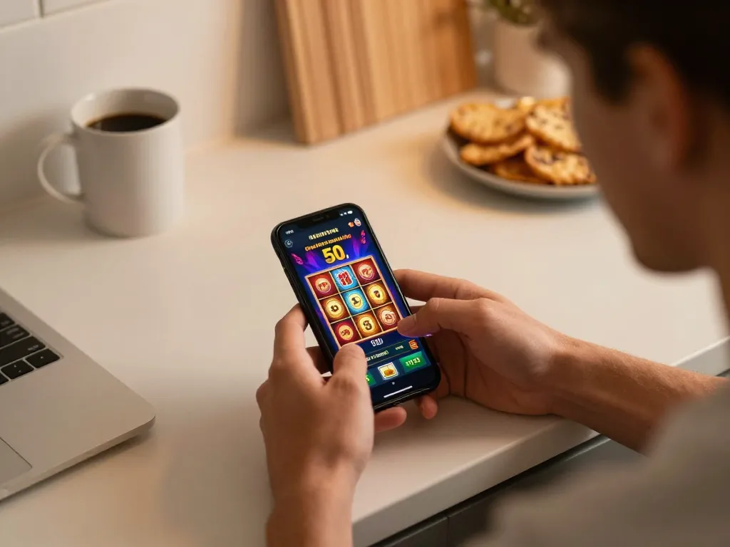 Player excitedly placing a slot bet 50 on a casino app, showcasing vibrant gameplay.