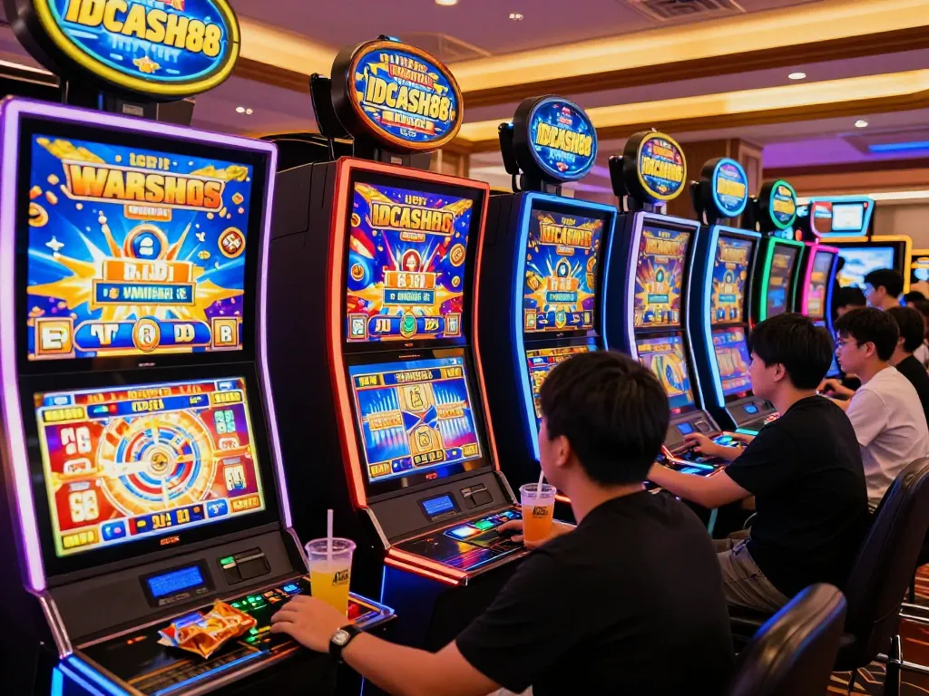 Engaging scene of players enjoying IDCASH88 slot machines, celebrating winnings in a vibrant online casino atmosphere.