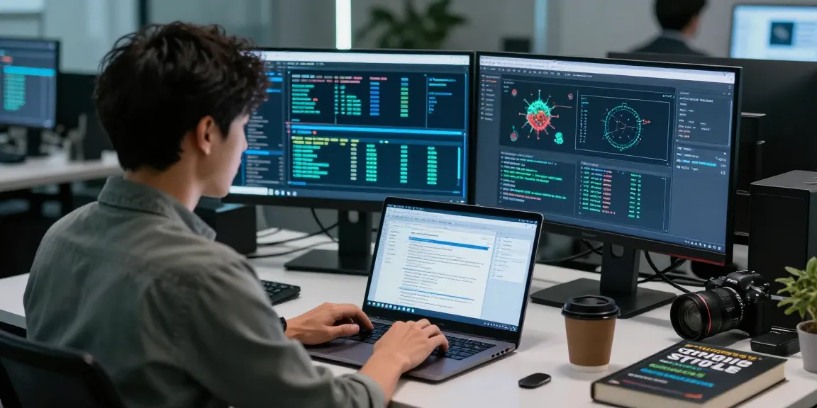 Professional working on cybersecurity protocols on shs-dome5.com with dual monitors in a modern office.