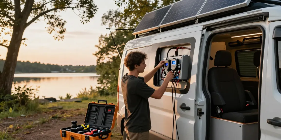 Person upgrading rokok 88 camper van electrics at sunset by a lake, showcasing solar panels and tools.