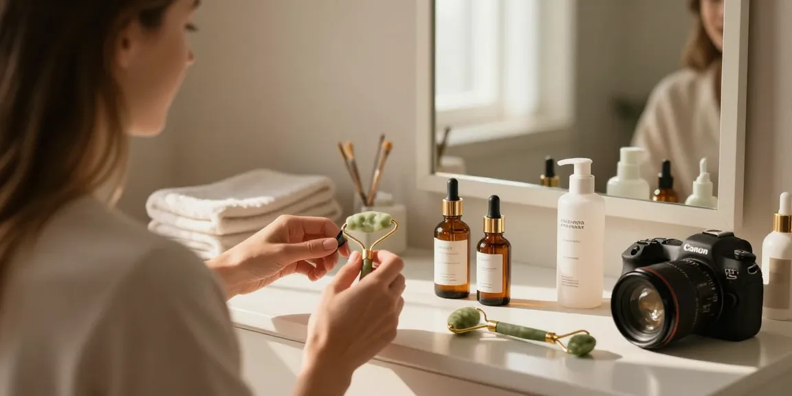Într-un cadru liniștit, o femeie se bucură de rutina sa de îngrijire a pielii, cu diverse produse de beauty expuse.