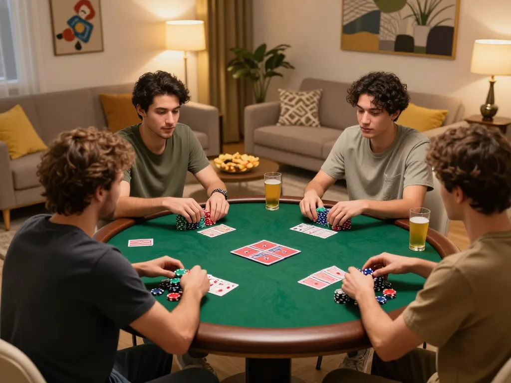 Players enjoy poker night at home, showcasing dn88 gaming experience surrounded by chips and cards.