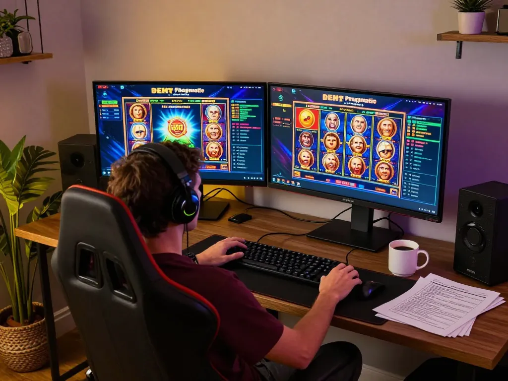 Engaged player spinning Demo Slot Pragmatic while analyzing strategy notes in a cozy online gaming setup.