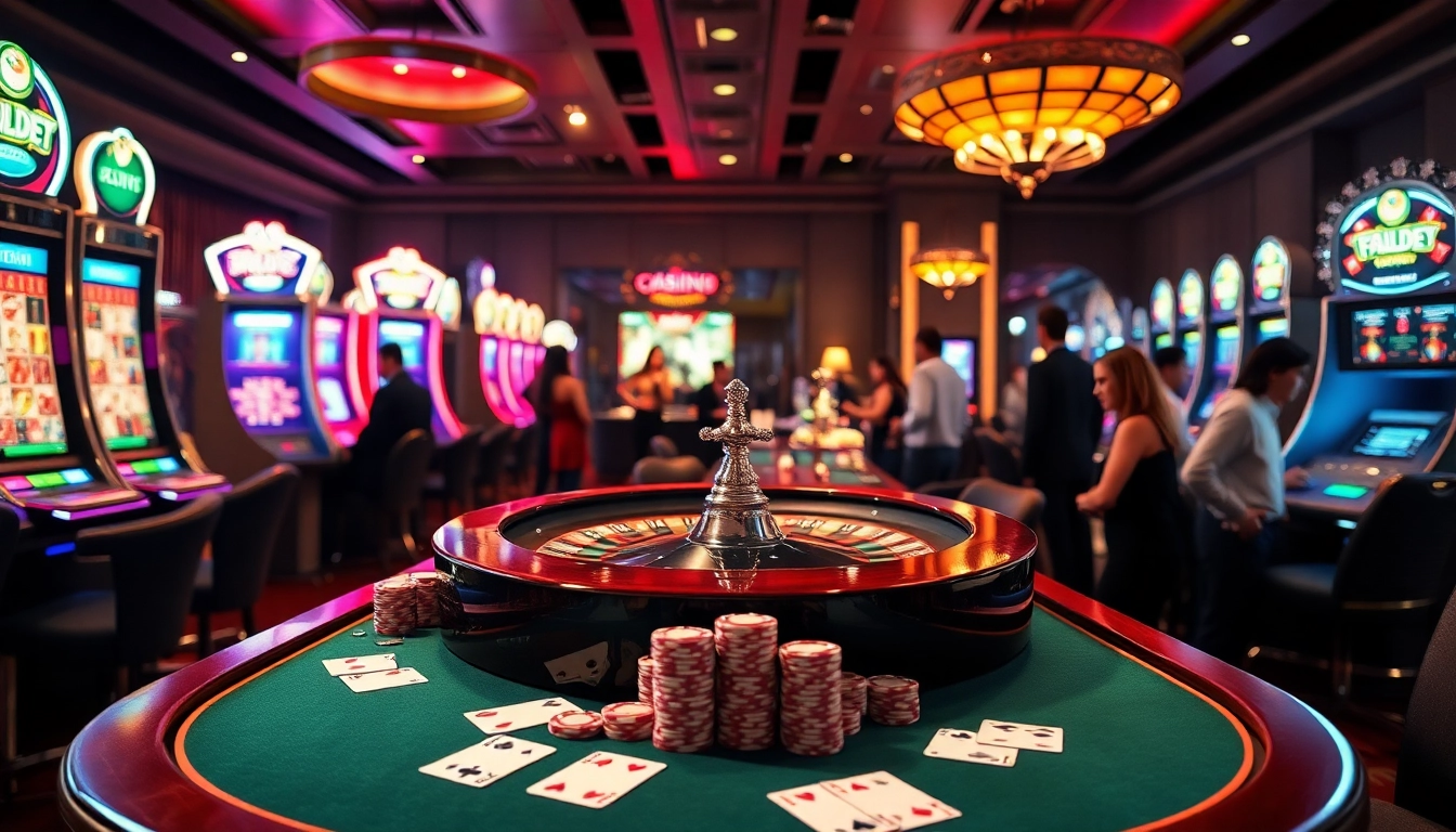 Scène captivante du casino en ligne Français, présentant des tables de jeu luxueuses et des machines à sous vibrantes.