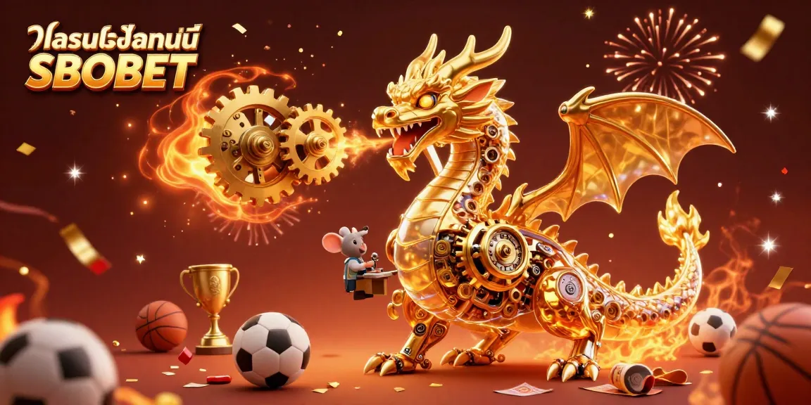 Bet confidently and enjoy แทงบอลออนไลน์ SBOBET with a vibrant 3D scene of dynamic sports elements and golden dragon.