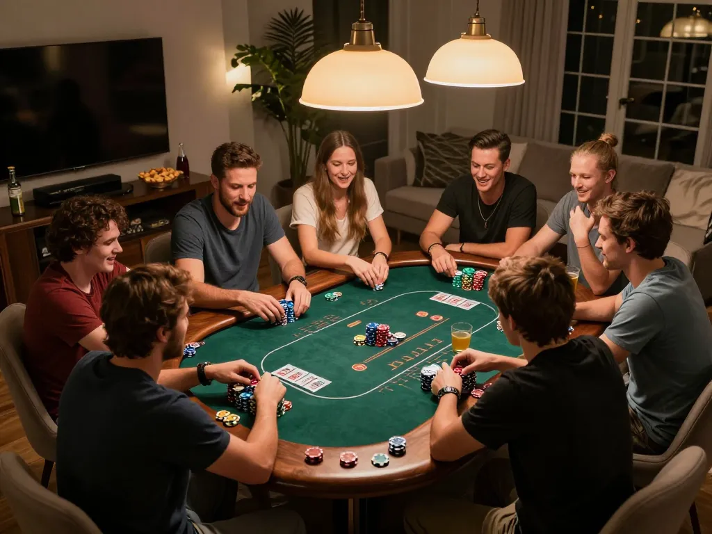Friends enjoying a strategic poker game at home, featuring winstrike69 chips and exciting gameplay moments.
