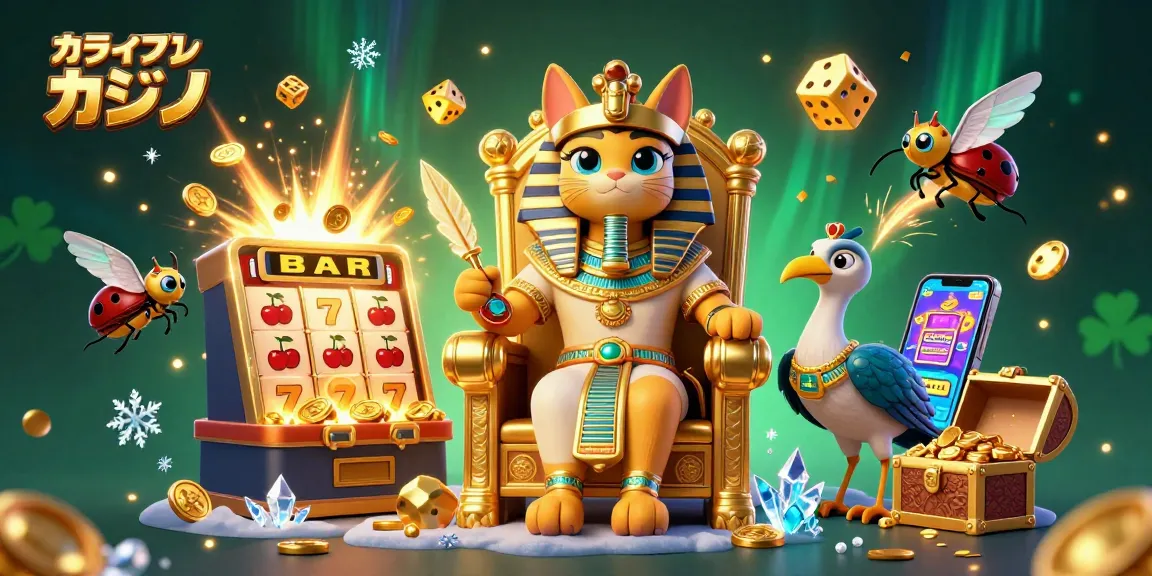 オンラインカジノで勝利を狙うファラオ猫とIBISのスクリプト、スロットマシンが炸裂する豪華なイラスト