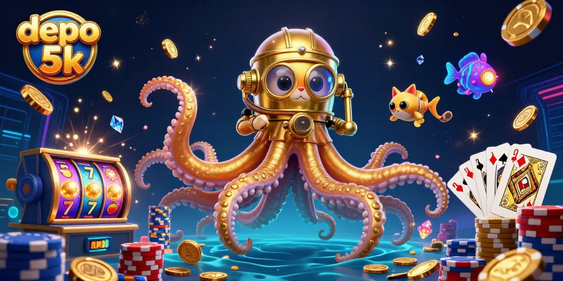 Experience thrilling slot adventures with depo 5k featuring a kraken, diving cat, and treasure-filled scene.