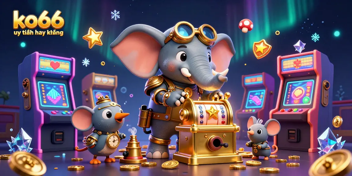 Spin the golden slot machine with the ko66 uy tín hay không themed steampunk elephant in a vibrant casino scene.