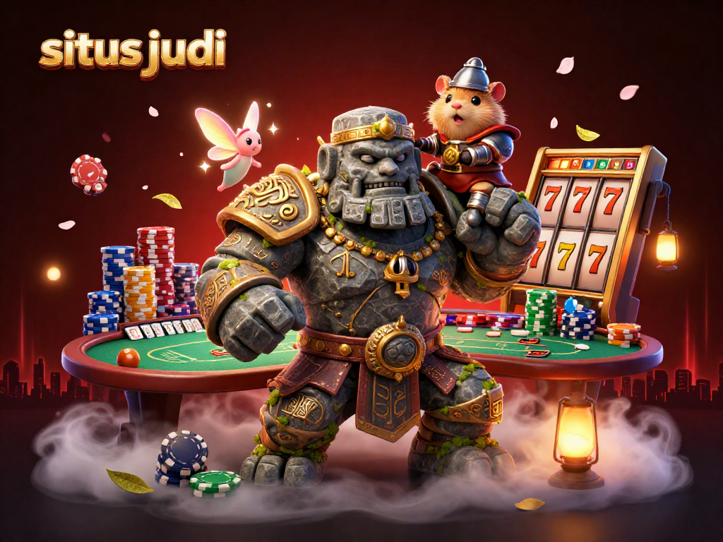Ilustrasi kasino situs judi dengan golem kuno, peri, dan hamster ksatria, dikelilingi permainan poker dan slot.