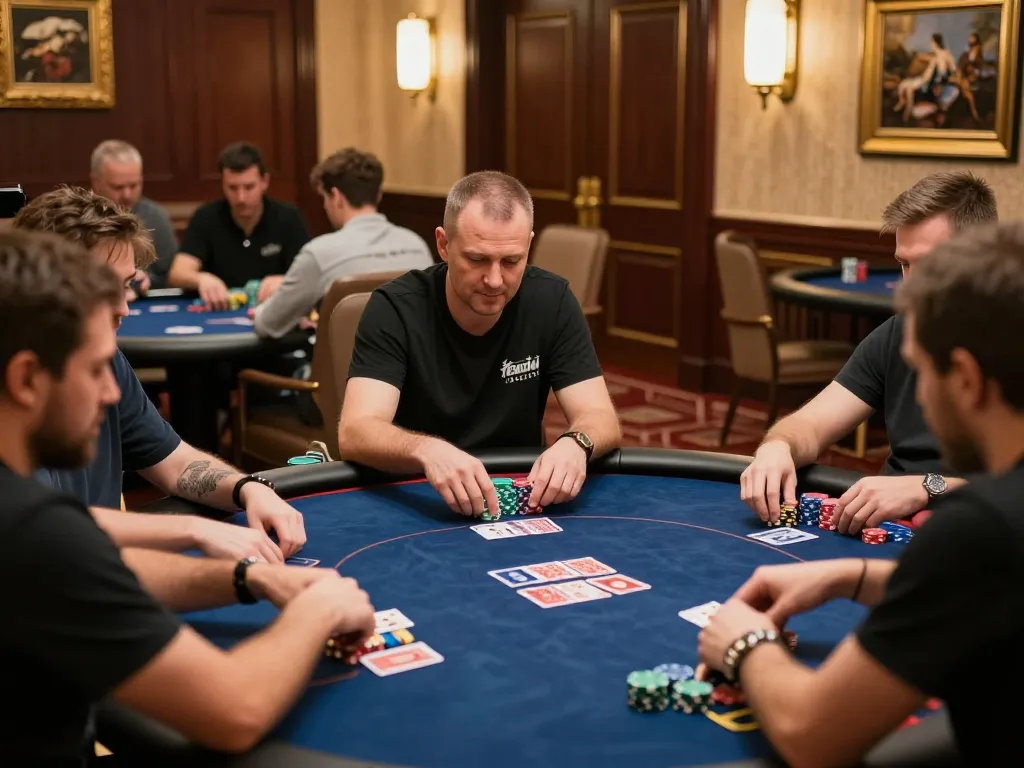 Players strategizing at a vibrant poker table at 388bet, showcasing chips and cards in action