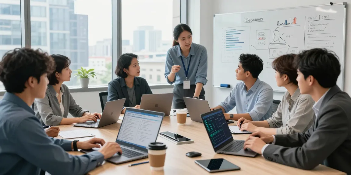IT support for businesses team collaborating in a modern office during a productive meeting.