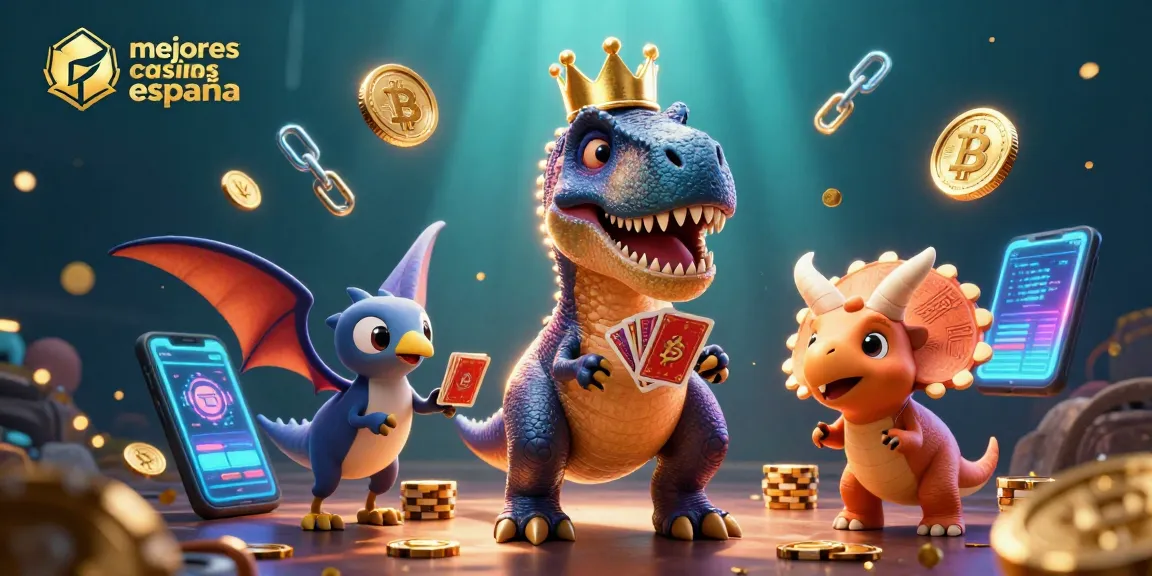 Disfruta de los mejores casinos online España en una divertida escena con dinosaurios jugando cartas y apilando fichas doradas.