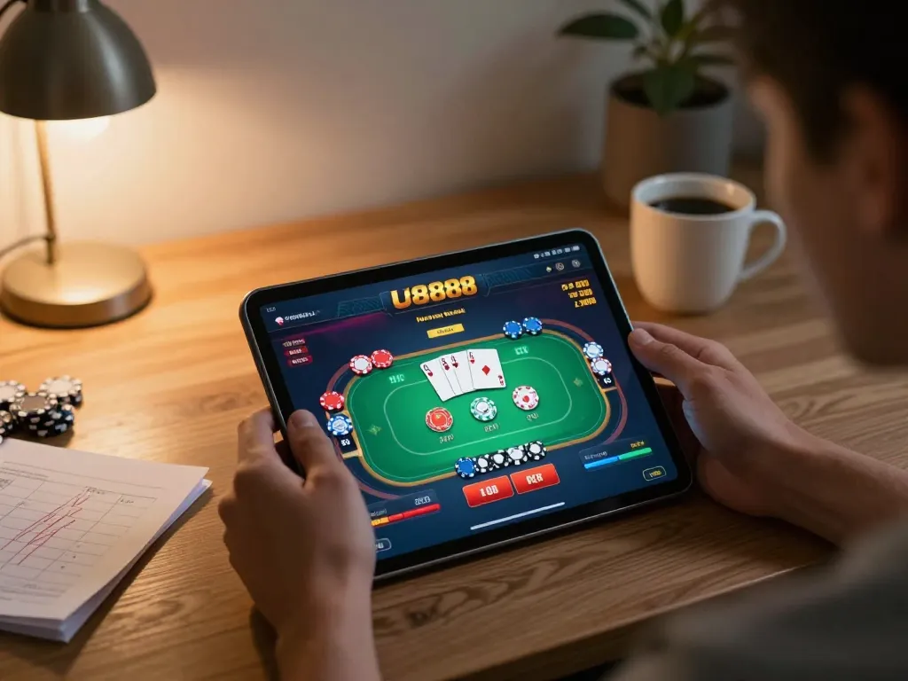 Player interacting with the U888 app for an engaging online gambling experience on tablet.