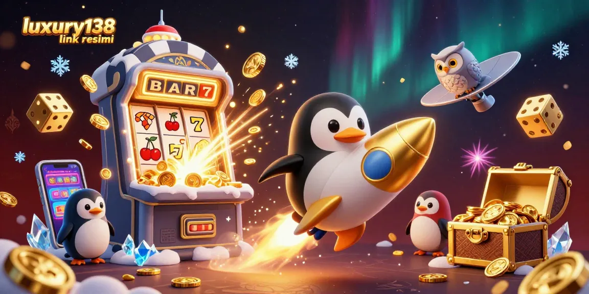 Experience the thrill of luxury138 link resmi with a golden penguin and casino elements exploding with excitement.