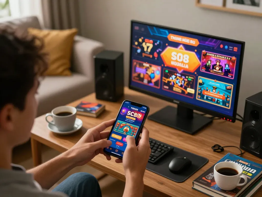 Engaged in mobile gaming with Thương Hiệu SC88's casino app showcasing vibrant gameplay options.