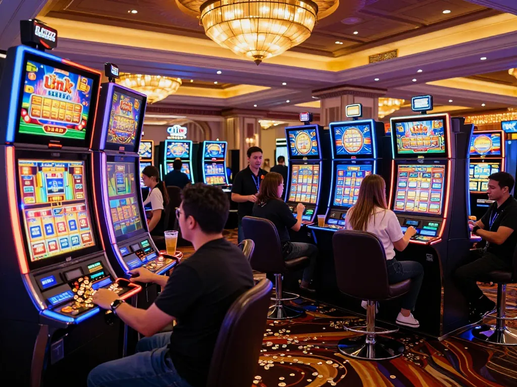 Pemain menikmati link slots di kasino Las Vegas yang semarak dengan mesin berwarna-warni.